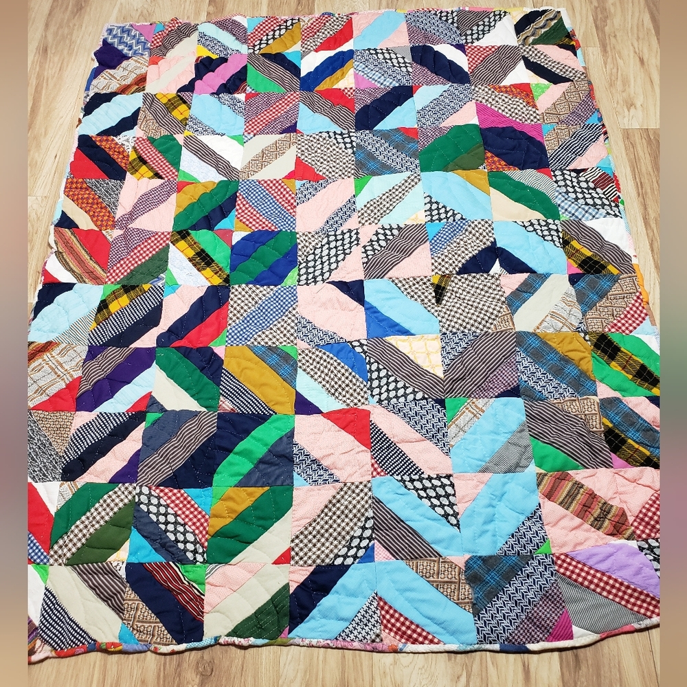 Vintage Patchwork Crazy Quilt Reversable Double Sided Heavy Homemade 80in By 65i - Picture 6 of 7